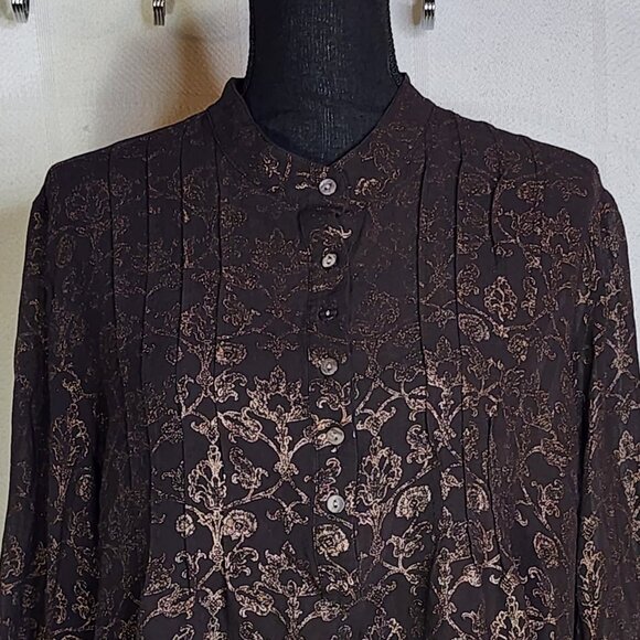 Chico's Dark Brown Gold Silk Foil Sheer Floral Print LS Blouse Chico Sz 3 US XL - Picture 2 of 16